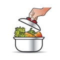 Hand lifting lid from vegetable saucepan