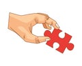 Hand lifting puzzle game piece isolated icon Royalty Free Stock Photo