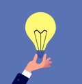 Hand with light bulb. Businessman holding glowing lamp. Creative idea brainstorming and innovation, new solution. Vector Royalty Free Stock Photo