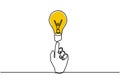 Hand with light bulb one line drawing. Concept of creativity and idea
