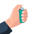 Hand lighter. Man holding in hand fire gas flame lighter for cigarettes garish vector flat picture concept background Royalty Free Stock Photo