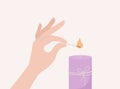 Hand lighting a candle with a burning match. Vector illustration Royalty Free Stock Photo
