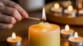 Hand lighting a large candle with a match surrounded by tea lights Royalty Free Stock Photo