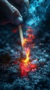 Hand Lighting a Match among Glowing Coals. Generative ai Royalty Free Stock Photo