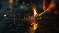 Hand lighting a matchstick with sparks and fire in a dark, reflective surface. Element of survival and ignition concept Royalty Free Stock Photo