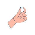 hand in line art style with a pill in hands, medical concept, taking medication