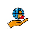 Hand lineal color icon and people, laptop, earth. Business online symbol