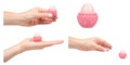 Hand with lip balm, protective cosmetics, set and collection Royalty Free Stock Photo