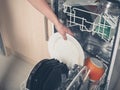 Hand loading dish washer Royalty Free Stock Photo