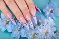 Hand with long artificial french manicured nails decorated with gemstones and blue flowers