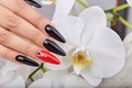 Hand with long artificial manicured nails colored with black and red nail polish Royalty Free Stock Photo