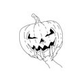 Hand with long nails holding Hallowen pumpkin vector illustration sketch doodle hand drawn with black lines isolated on white Royalty Free Stock Photo