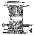 Hand Loom is earliest looms were vertical warp-weighted looms, vintage engraving