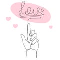 Hand with love word one-line art, continuous drawing contour,hand-drawn romantic design.Bridal, nuptials,