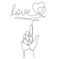 Hand with love word one-line art, continuous drawing contour,hand-drawn romantic design.Bridal, nuptials,