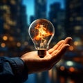 Hand with luminous bulb symbolizes business innovation and visionary thinking