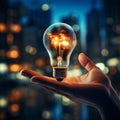 Hand with luminous bulb symbolizes business innovation and visionary thinking