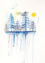 Abstract winter drawing in watercolor with Christmas trees and the sun