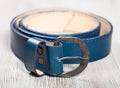 Hand made blue leather belt with forged buckle Royalty Free Stock Photo