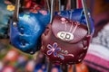 Hand made colorful leather little bags in Mexican market