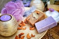 Hand made cosmetics background, fruit and lavender handmade artisan soap