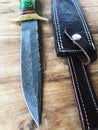 Hand Made Damascus hunting knife and sheath Royalty Free Stock Photo