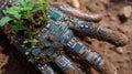 Hand made of electronic circuits connecting with nature through soil and plants in a lush setting Royalty Free Stock Photo
