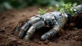 Hand made of electronic circuits gently touching soil and young plants in a garden setting during daylight hours Royalty Free Stock Photo