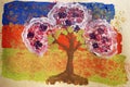 Hand made floral design. Abstract flowering tree, with artistic painting with acrylic paints