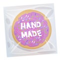 Hand made Frosted sugar Italian Freshly baked cookie in transparent plastic package with violet frosting and colorful sprinkles. B