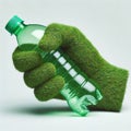 A hand made of grass holds a plastic bottle. Ecology. Generative AI Royalty Free Stock Photo