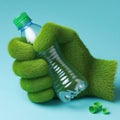 A hand made of grass holds a plastic bottle. Ecology. Generative AI Royalty Free Stock Photo
