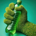 A hand made of grass holds a plastic bottle. Ecology. Generative AI Royalty Free Stock Photo