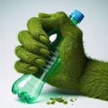 A hand made of grass holds a plastic bottle. Ecology. Generative AI Royalty Free Stock Photo