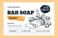 Hand made honey soap bar package label or sticker design. Vector hand drawn sketch illustration. Badge or banner layout Royalty Free Stock Photo