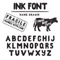 Hand Made Ink stamp font. Handwritten alphabet. Vintage retro textured hand drawn typeface with grunge effect, good for custom log Royalty Free Stock Photo