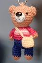 Hand made key ring brown teddy bear knitted doll wearing a red and white shirt and blue plant Royalty Free Stock Photo