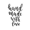 Hand made with love writing, isolated vector lettering logo, brush pen calligraphy, inspiration quote for craft studio. Royalty Free Stock Photo