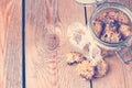 Hand made oatmeal cookies in a jar in a vintage style Royalty Free Stock Photo