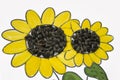 Hand-made picture of lovely sunflower. Painted with yellow and green gouache and glued black seeds. Art on the white background Royalty Free Stock Photo