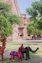 Hand made Rajasthani colourful dolls of horse and elephant displayed for sale at Mehrangarh Fort, Jodhpur, Rajasthan. Famous for Royalty Free Stock Photo