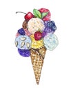 Colorful markers drawing of ice-cream code with berries, nuts and mint leaves, vector Royalty Free Stock Photo