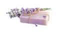 Hand made soap bar with lavender flowers on background Royalty Free Stock Photo