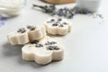 Hand made soap bars with lavender flowers on table, closeup. Space for text Royalty Free Stock Photo