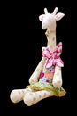 Hand made soft toy giraffe isolated in a dress sitting