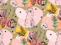 Hand made vector abstract collage seamless pattern with tropical parrots,cactus plants and succulent flowers isolated on Royalty Free Stock Photo