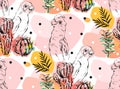 Hand made vector abstract collage seamless pattern with tropical parrots,cactus plants and succulent flowers in pastel Royalty Free Stock Photo