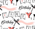 Hand made vector abstract Happy Birthday greeting collage seamless pattern with modern quote Birthday party isolated on