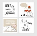 Hand made vector abstract Merry Christmas greeting cards set with cute xmas polar bear characters in winter clothing and Royalty Free Stock Photo