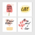 Hand made vector abstract Valentines day printable simple greeting cards collection set with modern calligraphy quote